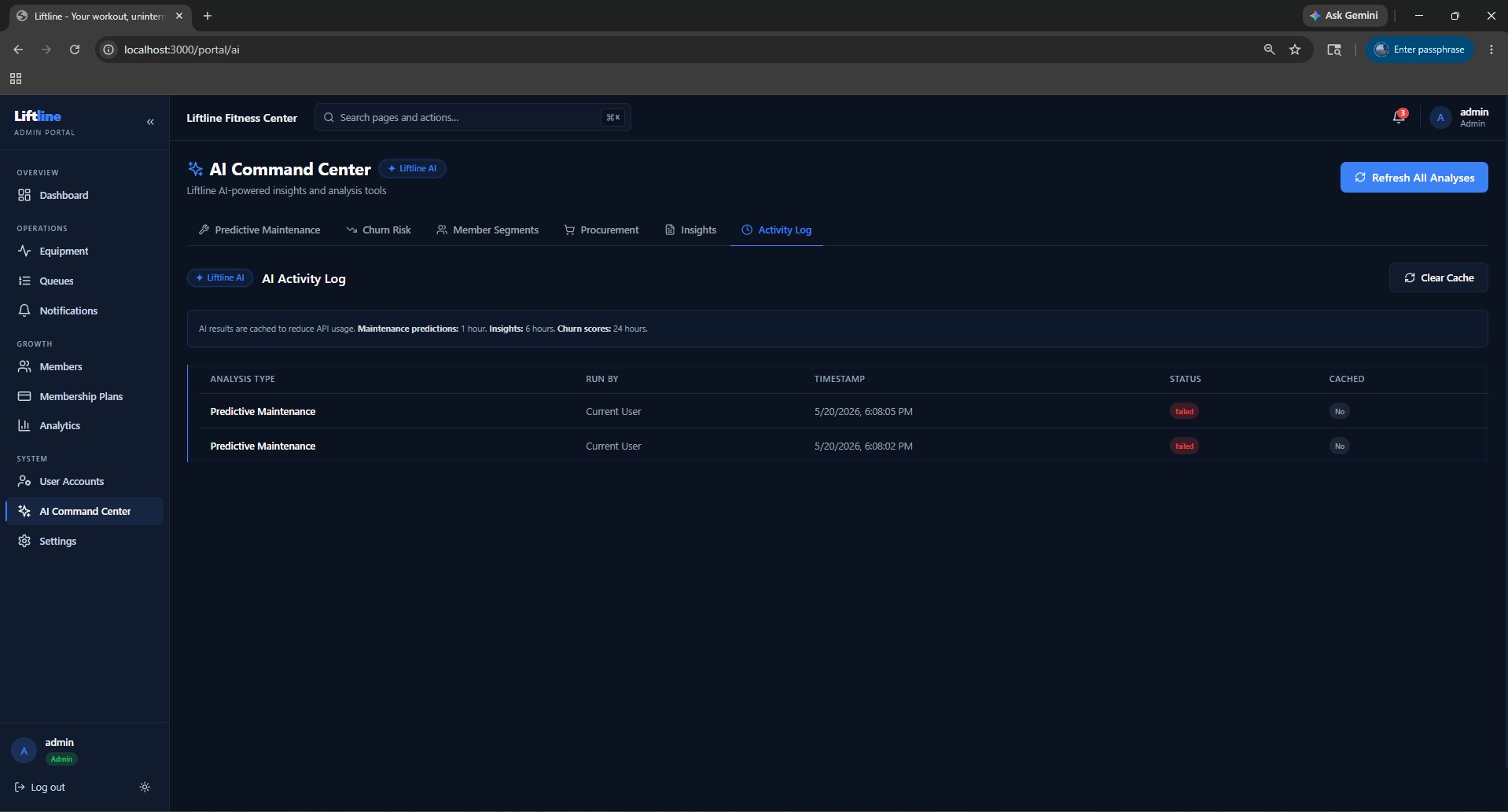 Liftline AI Command Center with predictive maintenance, churn risk, member segments