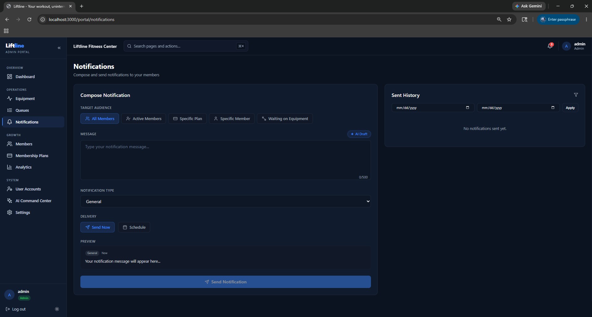 Liftline admin notifications composer with target segments and history