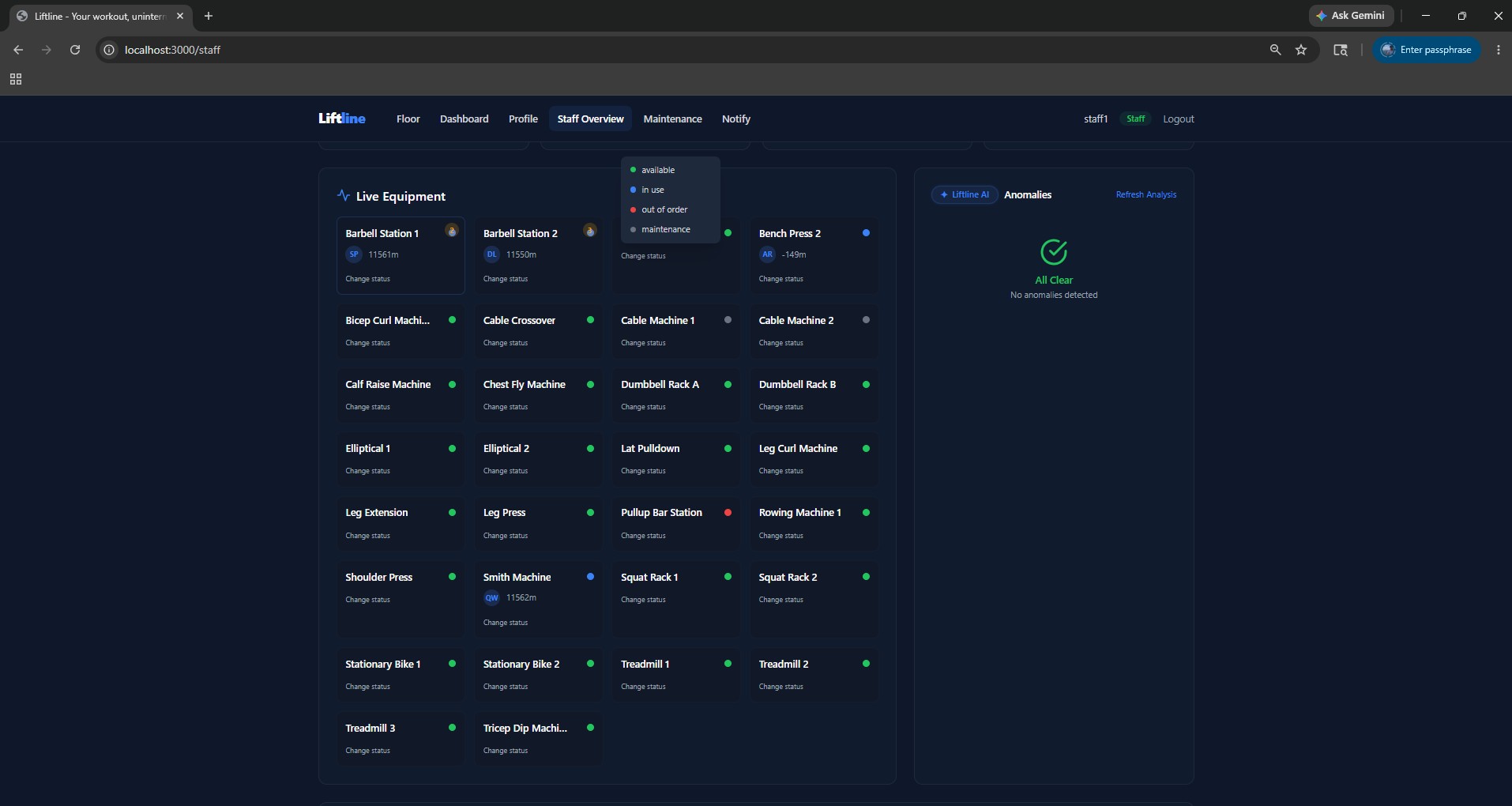 Liftline staff equipment detail with live queue and member identity